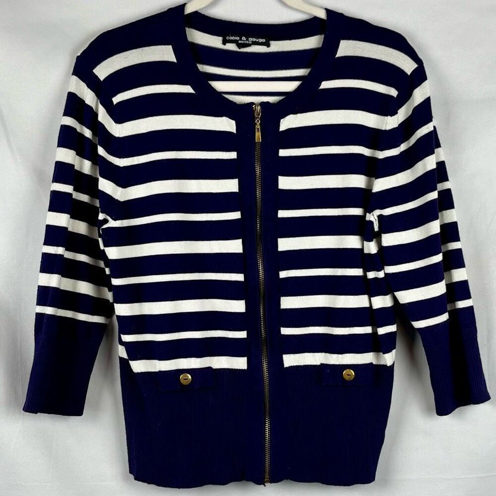Cable & Gauge Petite Striped Nautical Full Zip Cardigan Jacket PXL